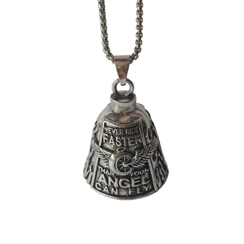 Vintage 3D Design Motorcycle Guardian Bell Retro Punk Style Angel Pendant Bell Alloy Wing Design Evil Spirit Trap Bell Men
