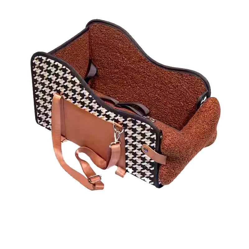 Luxury Houndstooth Pet Car Seat Oversized Booster Kennel Central Control Armrests Breathable Portable Fiber Bed Dogs