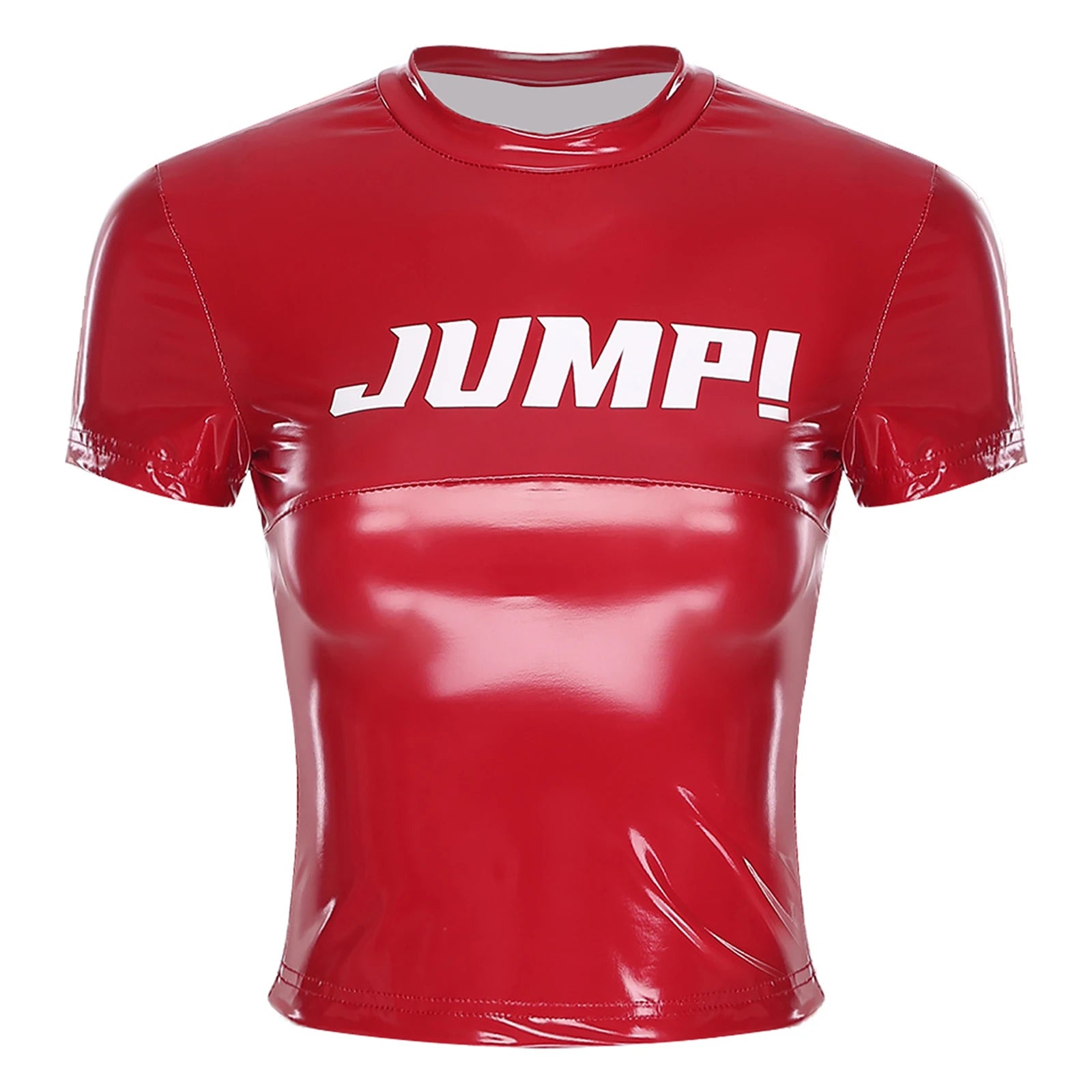 Haut court élégant et brillant à imprimé lettre pour femme, pour festival, fête, col rond, manches courtes, pull, chemise courte et ajustée pour club