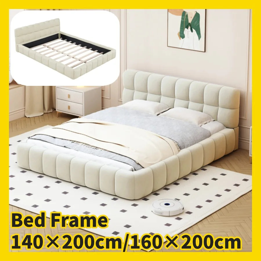 140x200cm/160x200cm Linen Upholstered Bed Frame,Double bed Bedframe with Soft Backrest,Bedroom Furniture,Bed Frame Queen,Beige