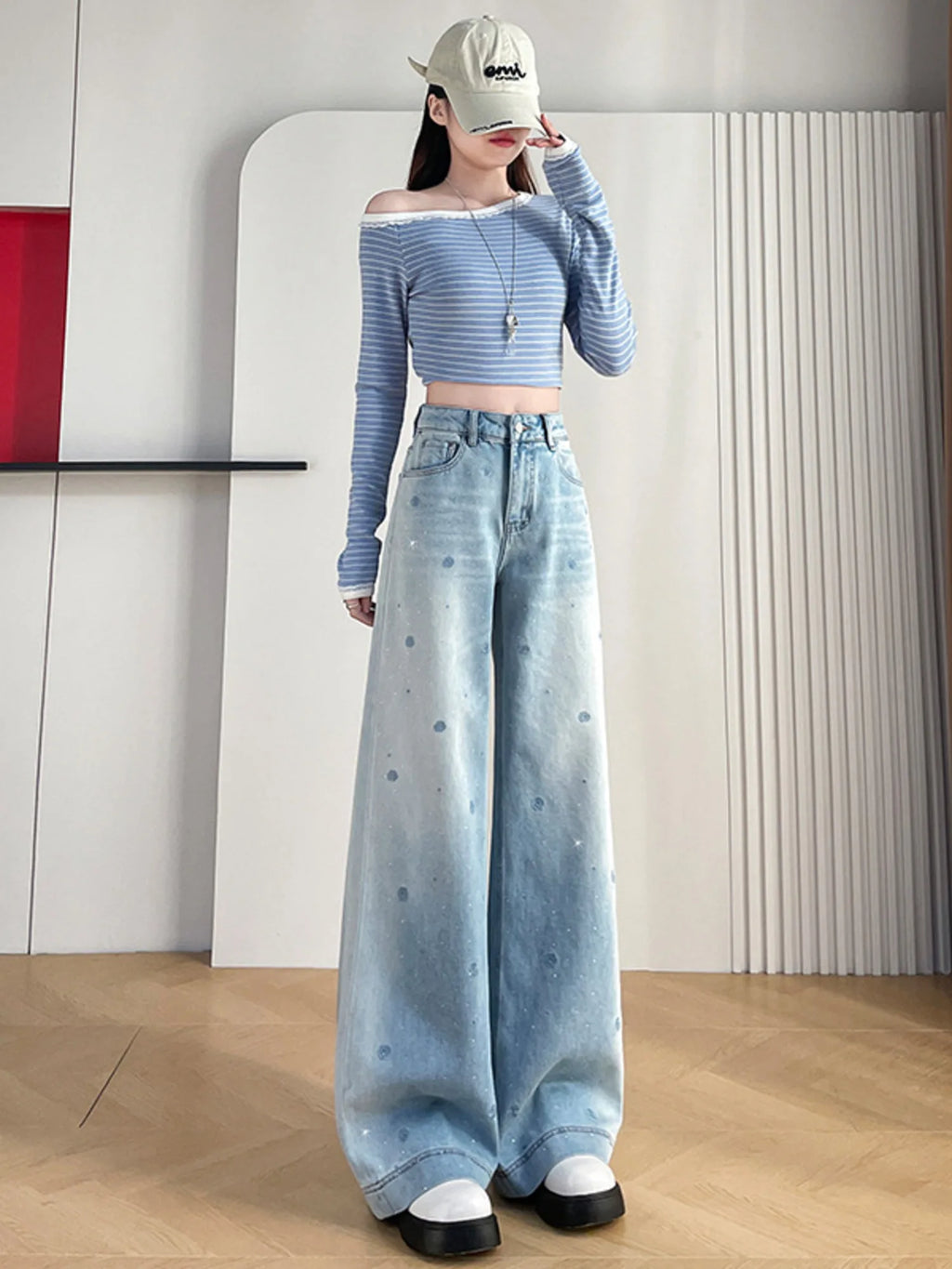 Floral Embroidered Wide Leg Jeans Women High Waist Rose Pattern Rhinestone Denim Pants Light Blue Loose Fit Cotton Stretch