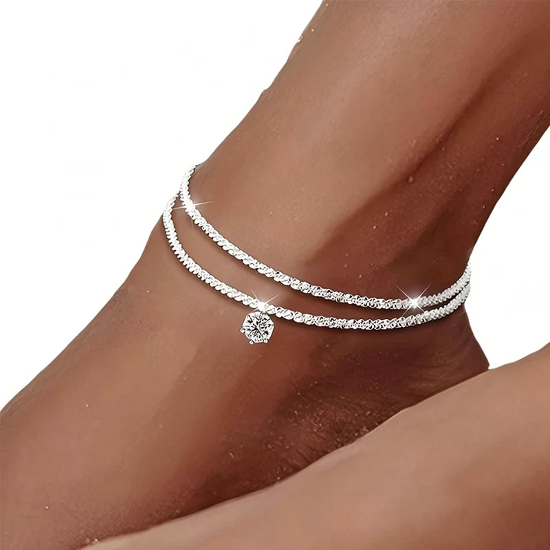 Adjustable Double Layer Cubic Zirconia Six Prong Anklet Summer Beach Waterproof Foot Jewelry Suitable For Daily Parties Banquet