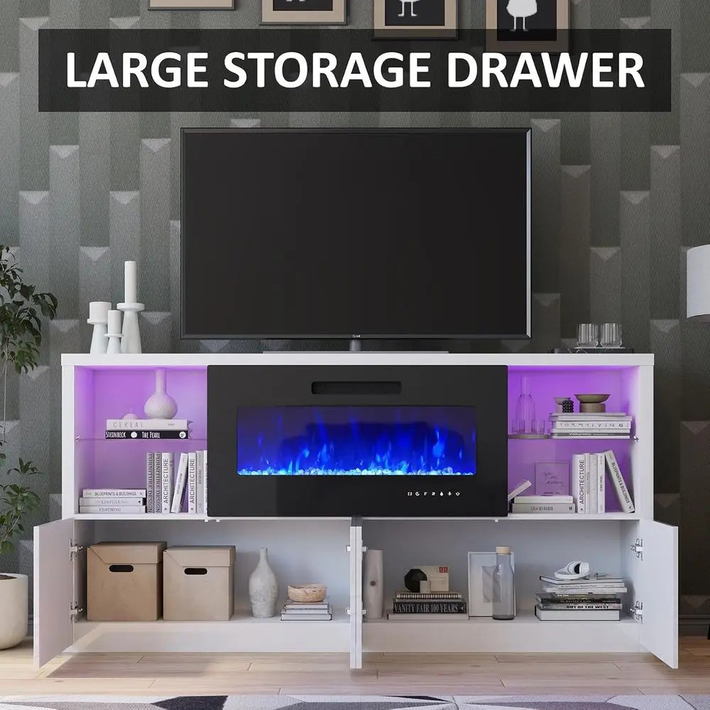 68'' Fireplace TV Stand with 40'' Fireplace, Modern High Gloss Fireplace Entertainment Center with LED Lights for TVs up to 78''
