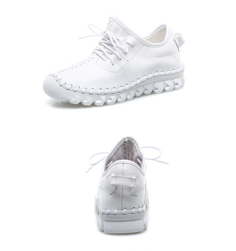 Handmade Genuine Leather Women Shoes Fashion Casual Sneakers Retro Flats Ladies Lacing Loafers Breathable Vulcanized Shoes