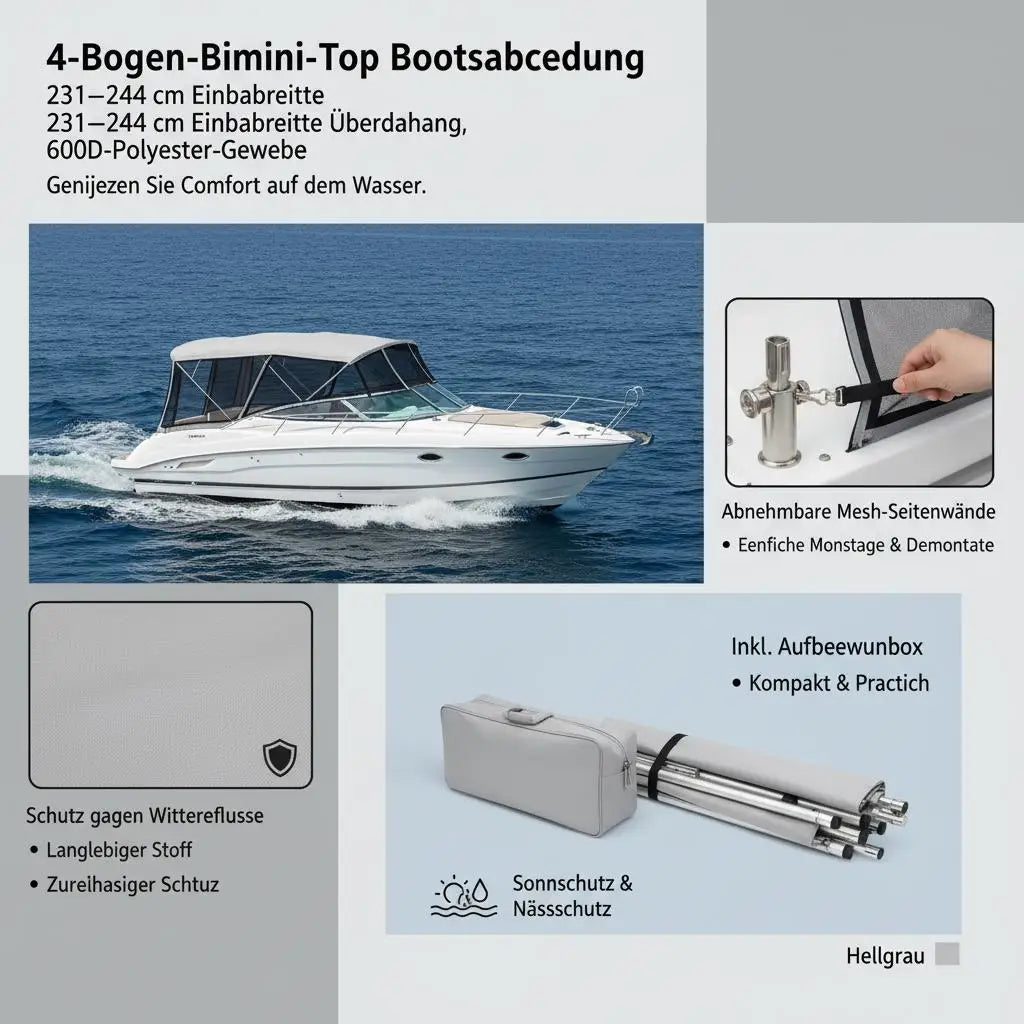 Bimini for 4-Beam Boat, Sun Tarp 243X137X231-244 Cm, Aluminum Frame 600D Polyester Canvas, Side Walls in