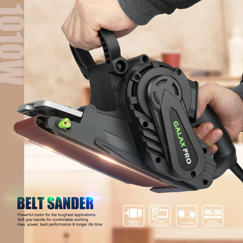 Ponceuse à bande GALAX PRO 1010W avec contrôle de vitesse et sac à poussière (raccord aspirateur) ponceuse avec meule pour le travail du bois