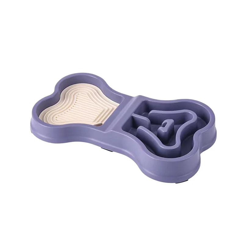 Non Slip Bone Shaped Dog Slow Feeder Bowl Double Compartment Interactive Maze Pet Food Dish for Fast Eaters Anti Choking Dry Wet