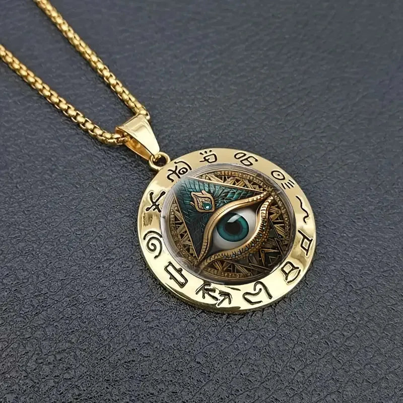 Ancient Egyptian Talisman: Eye Pattern Glass & Hieroglyphic Zinc Alloy Pendant, Artifact-Style Statement Necklace.
