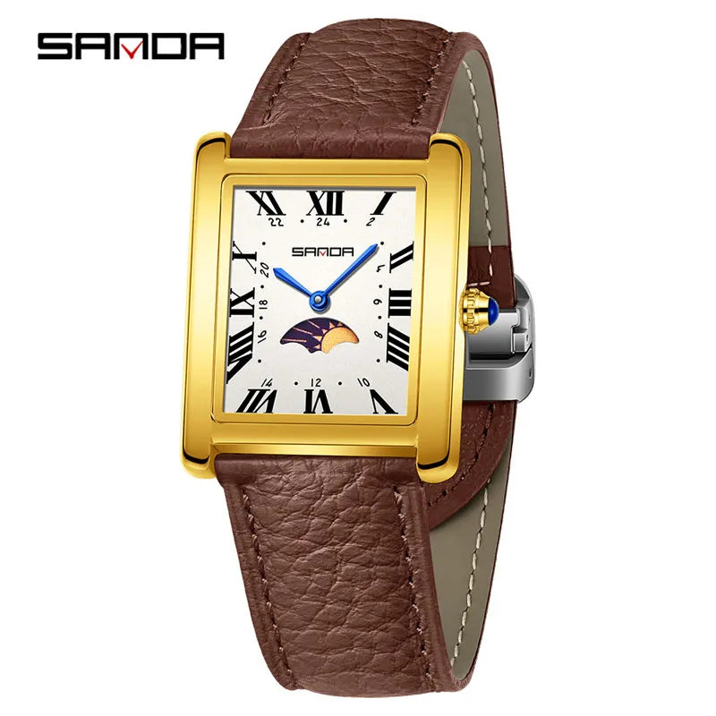 SANDA 9122 Elegant Women's Quartz Watch Classic Square Dial Moon Phase Waterproof Leather Strap Retro Business Watches for Woman