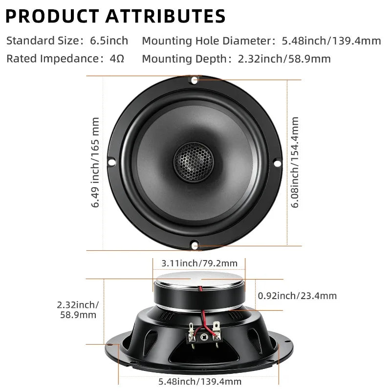 2pcs 6.5 Inch Car Audio Modified Front Door 2 Way Speaker  Set Max Power 160W Coaxial Speaker 4 Ohm Tweeter Car Interior Speaker