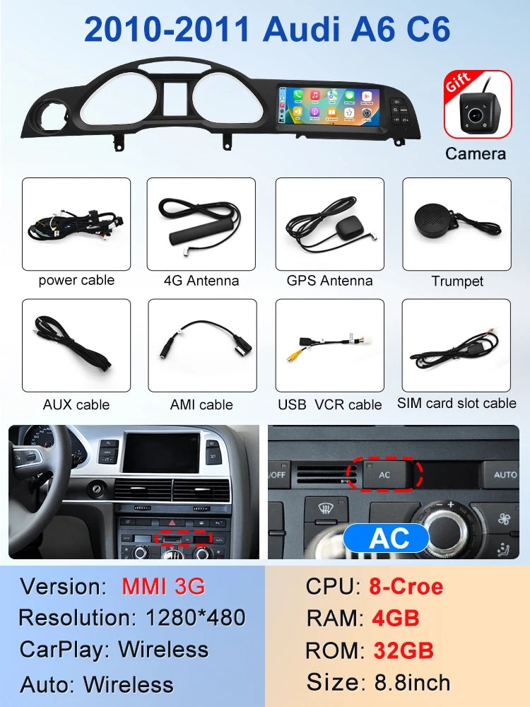STWEI New Black Car Multimedia Wireless Android AUTO CarPlay 8.8inch Screen For AUDI A6 C6 2005-2011 Years Car Video Players GPS