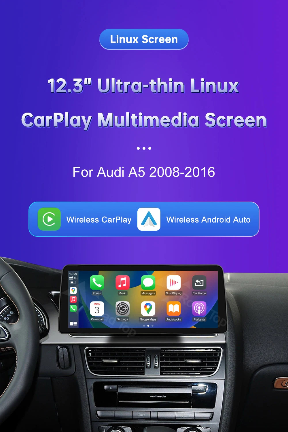 Linux 8.9/12.3inch Car Multimedia Touch Screen For Audi A5 2008-2016 with Wireless CarPlay Android Auto Airplay Function