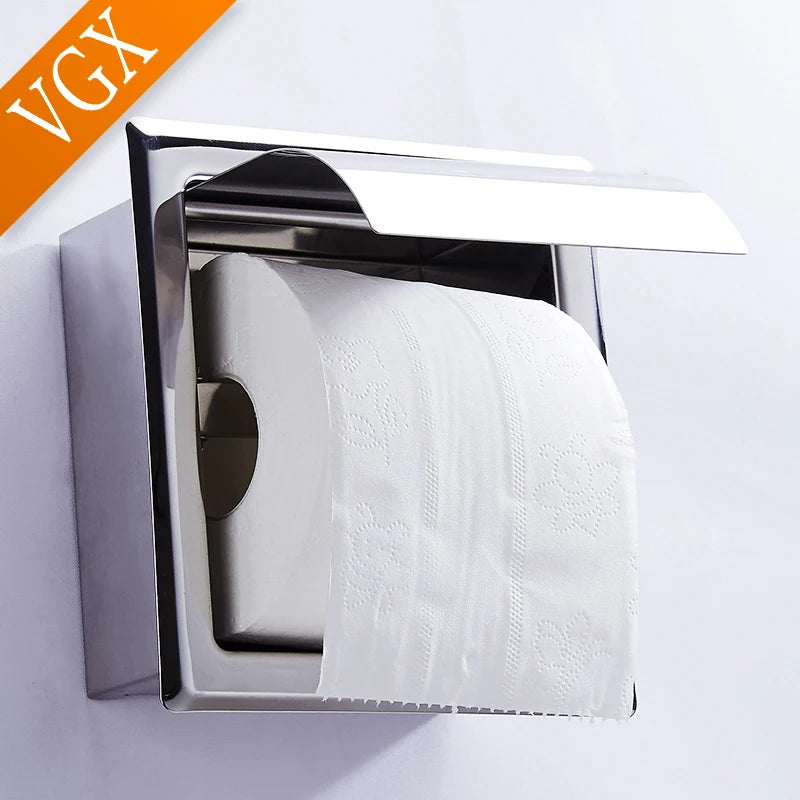 VGX Embedded Toilet Paper Holder Concealed Roll Tissue Box 304 Stainless Steel Wall Mount Bathroom Accessories Matt Black Polish