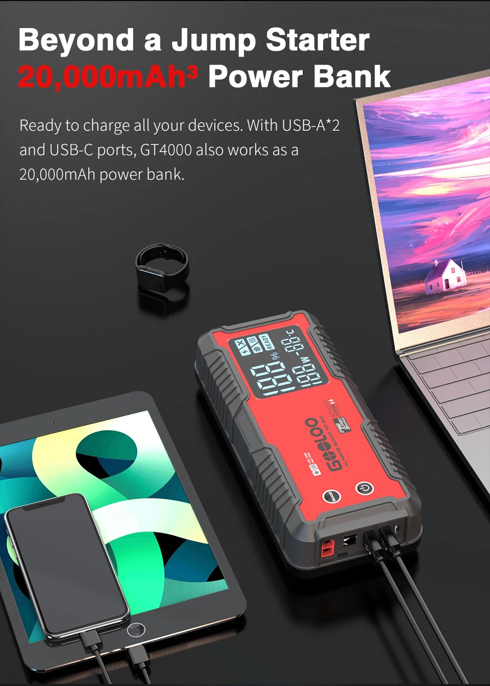 GOOLOO 20000mAh Car Jump Starter 12V Car Battery 4000A Peak Current Portable Charger Portable Power Bank for Emergency Device