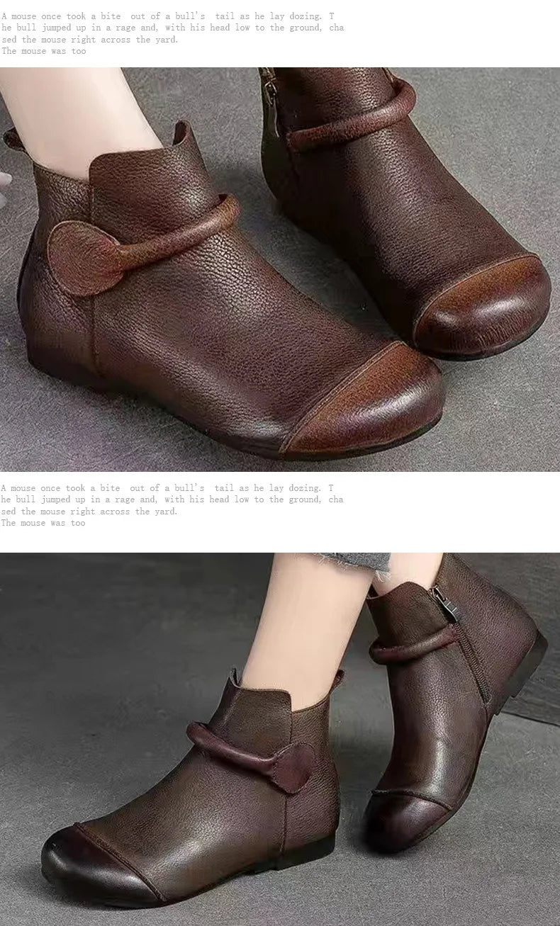 Retro Women Short Ankle Boots Autumn Winter Faux Cow Leather Slip-on Shoes Handmade Round Toe Light Weight Flat Booties