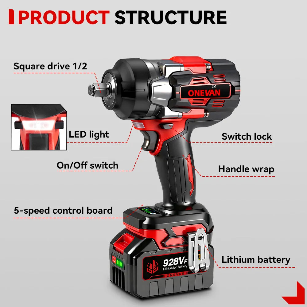 ONEVAN 2800N.M Brushless Electric Impact Wrench Cordless High Torque Screwdriver Drill Power Tool For Makita 18V Battery Pin