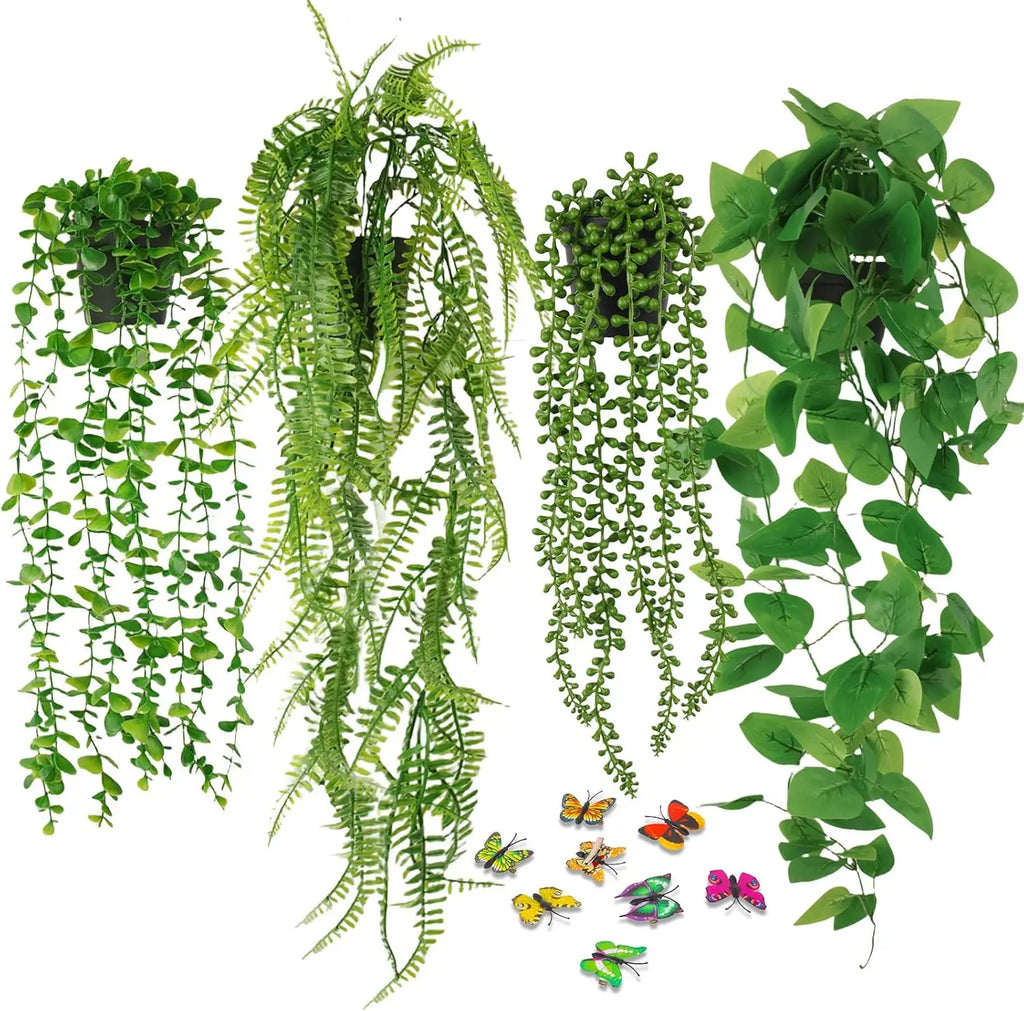 Fake Plants Artificial Hanging Plants Fake Potted Greenery Faux Eucalyptus Boston Fern String for Farmhouse Indoor Outdoor Decor