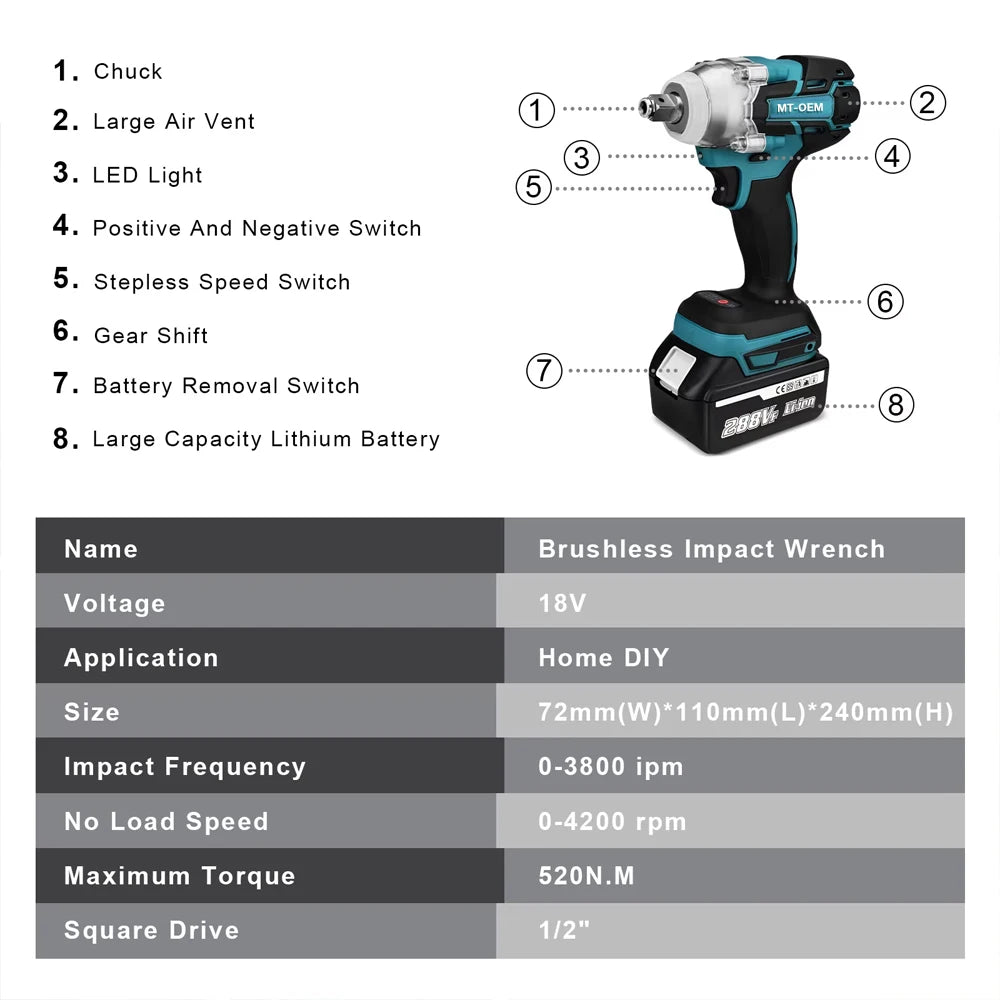 NEW 520n.M Brushless Electric Impact Wrench 1/2 In Li-on Battery For Automotive Repair Power Tools For makita 18v battery pins