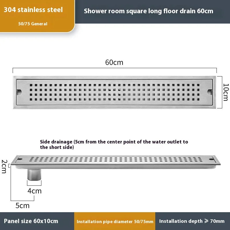 20-60cm Acier Inoxydable Carré Long Drain de Plancher Salle de Bain Égout Rectangulaire Drain de Plancher Grand Débit Drainage de Salle de Bain
