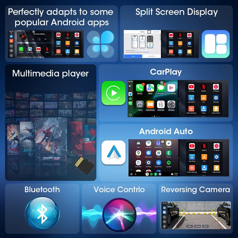 Jansite Lecteur multimédia vidéo universel pour voiture Bluetooth sans fil Carplay Android Auto écran stéréo radio pour YouTube Netflix