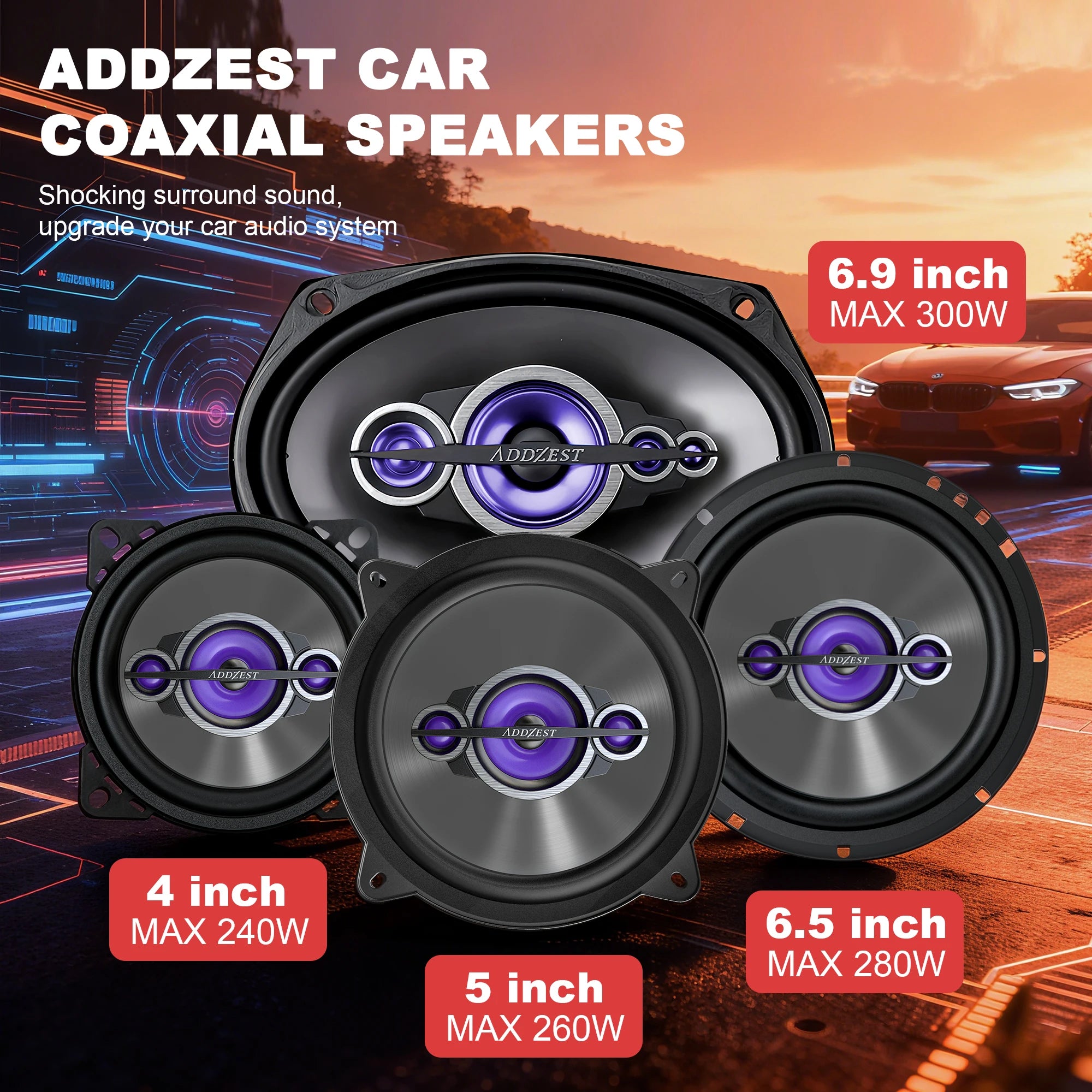 2 jeux de haut-parleurs audio de voiture, haut-parleurs coaxiaux de remplacement 6*9/6.5/5/4 pouces pour voiture, 240-300W Max, Tweeter PEI, Contour hybride Premium