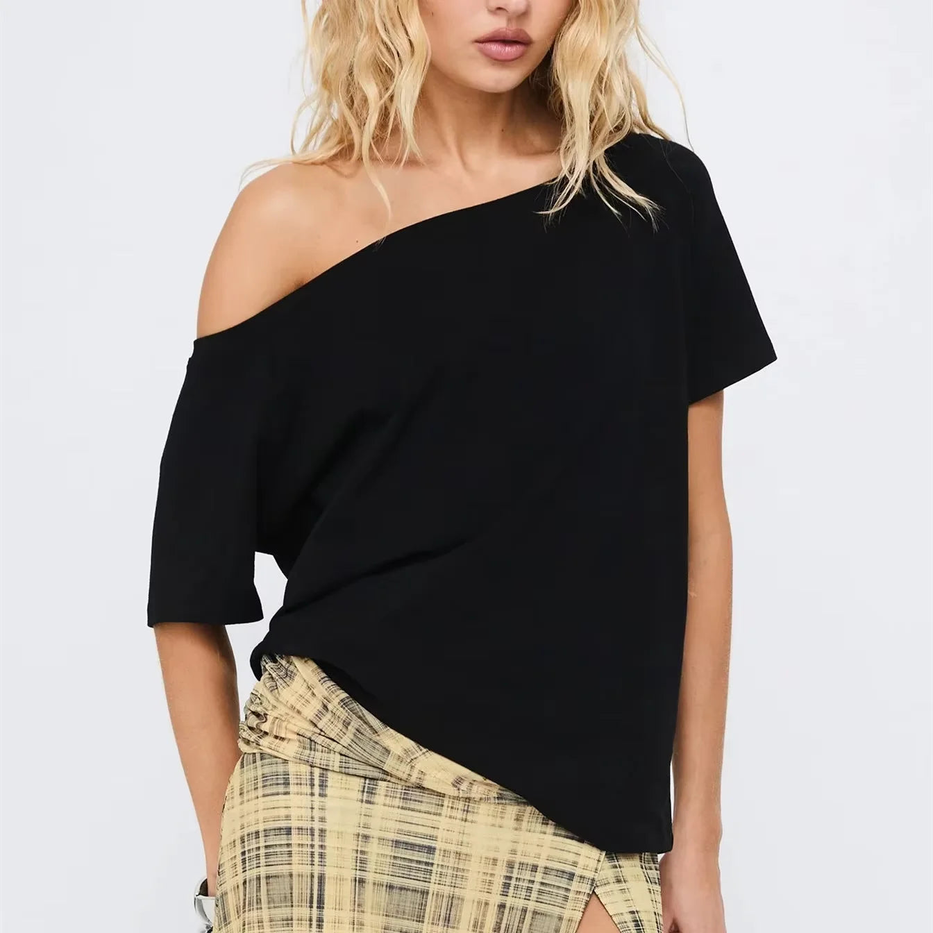 Womens Solid Striped Off One Shoulder Short Sleeve T Shirt Y2k Cute Sweet Fairy Vintage Aesthetic Preppy Summer Casual Tee Tops