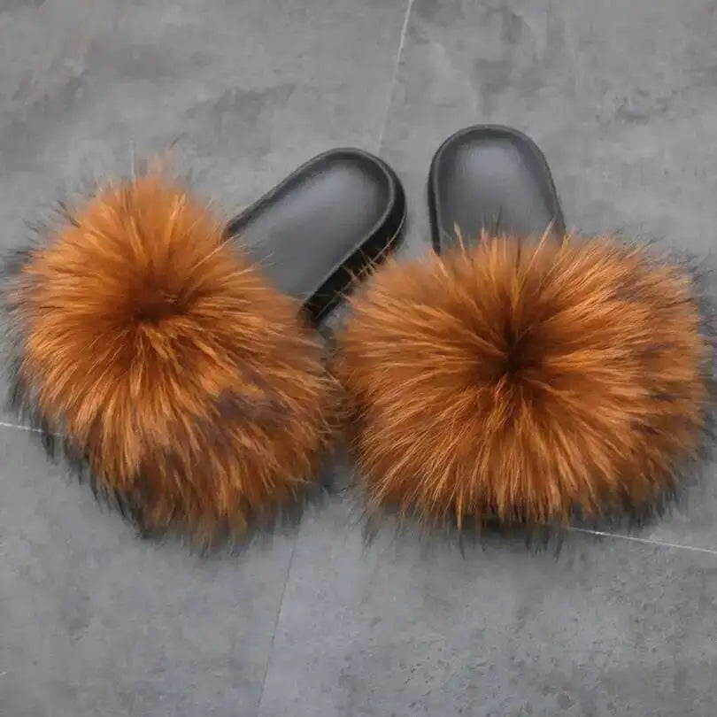 Real Raccoon Fur Slippers For Women 2023 Summer Fluffy Indoor House Fuzzy Flat Slides Outdoor Fashion Beach Sandals Flip Flops