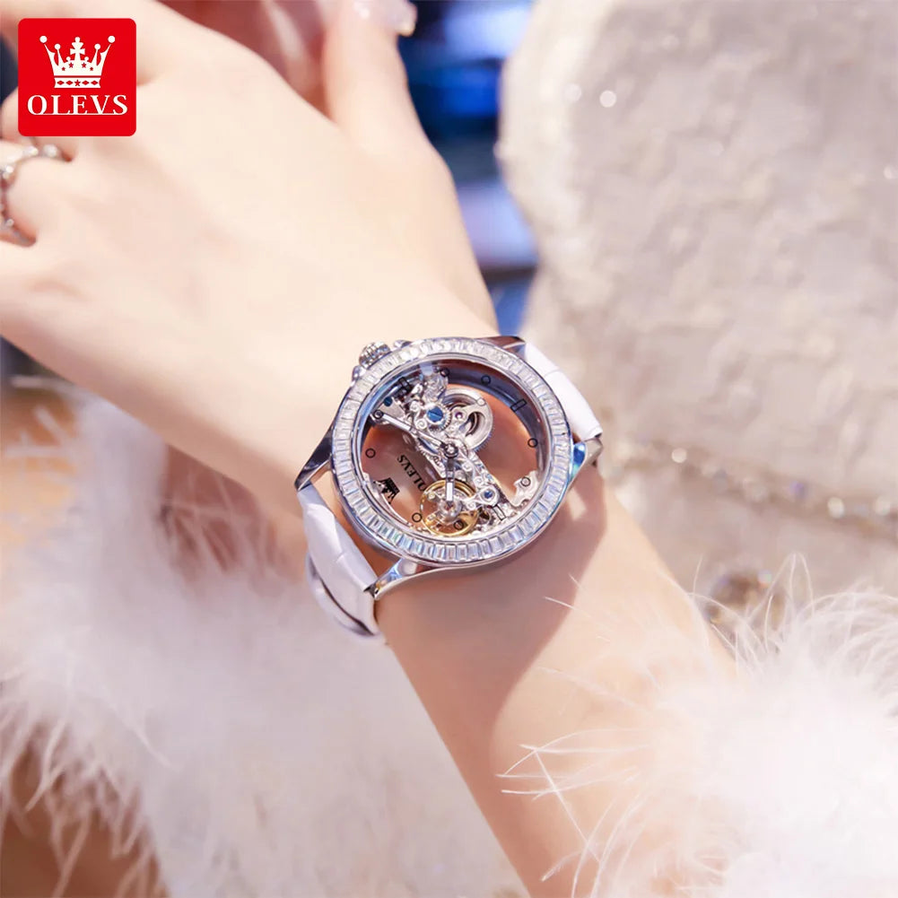 OLEVS Fully Hollowed Watches for Women Automatic Mechanical Women's Watches Luxury Stainless Steel Diamond Inlay Wristwatch 6699