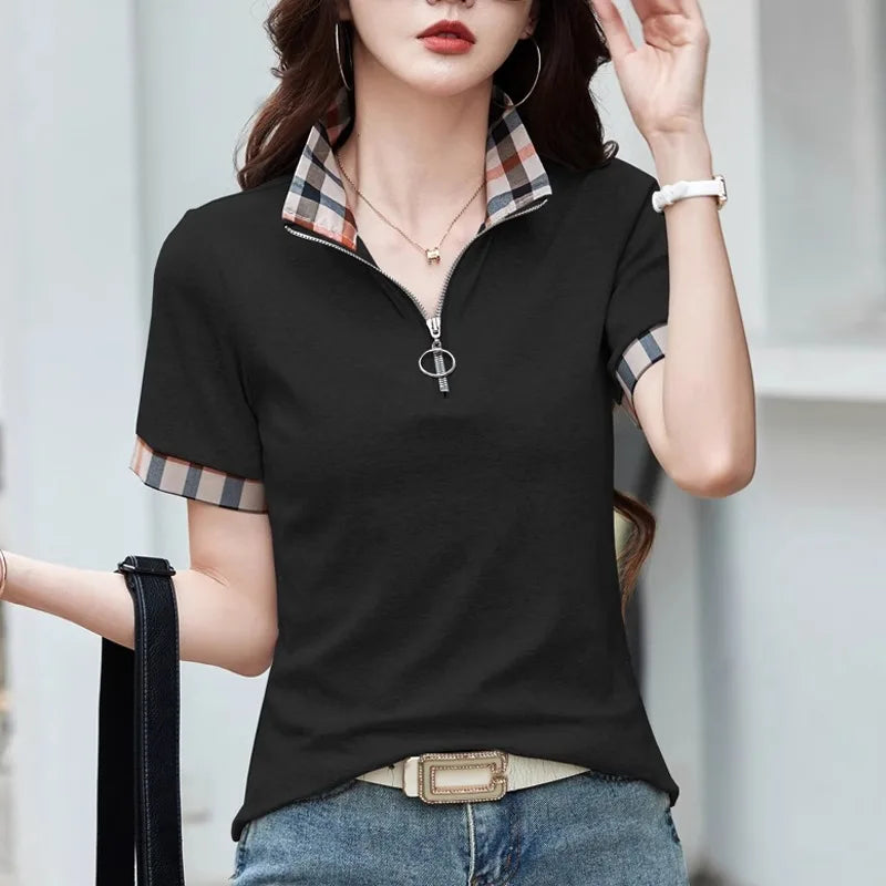 T-shirt à carreaux et col polo à manches courtes style européen pour femme, nouvelle mode estivale, haut ample en coton pur, léger et luxueux