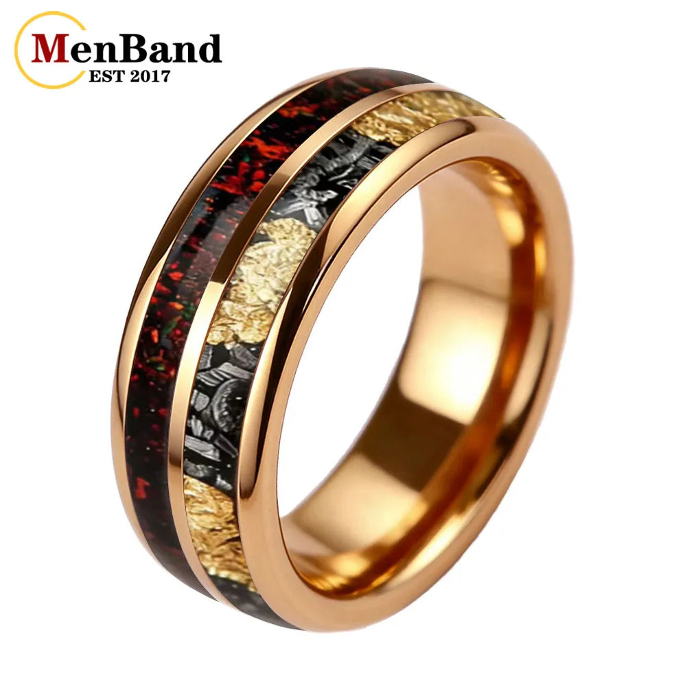 MenBand 6MM 8MM Men and Women Marriage Tungsten Ring Inlaid Red Opal and Meteorite Gold Foil，Couple's Ring, Promise Ring