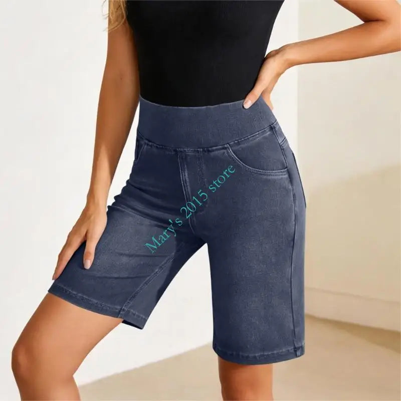 Women's Fit Stretch Jeans Shorts With Pockets Comfortable Casual High Waist Jeans Trousers Half Length For Daily Wear