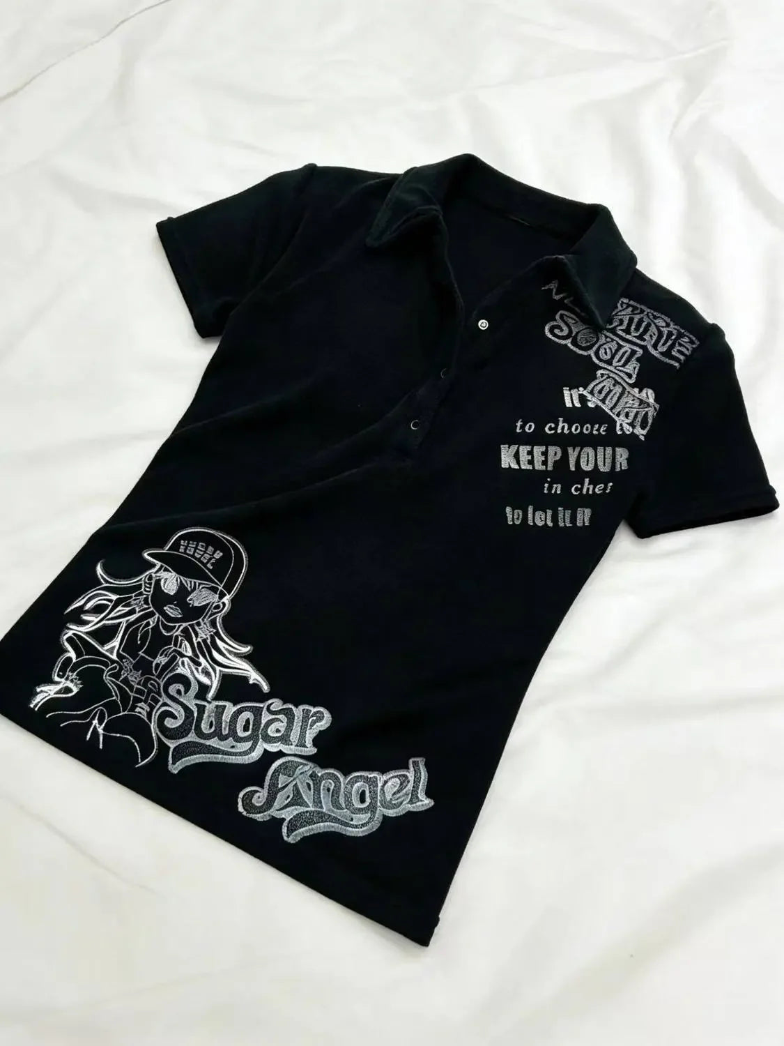 Y2K Japanese Streetwear Polo Shirt Women Slim Crop Tee 2025 White Short Sleeve Tops Letter Badge Houndstooth Vintage Harajuku