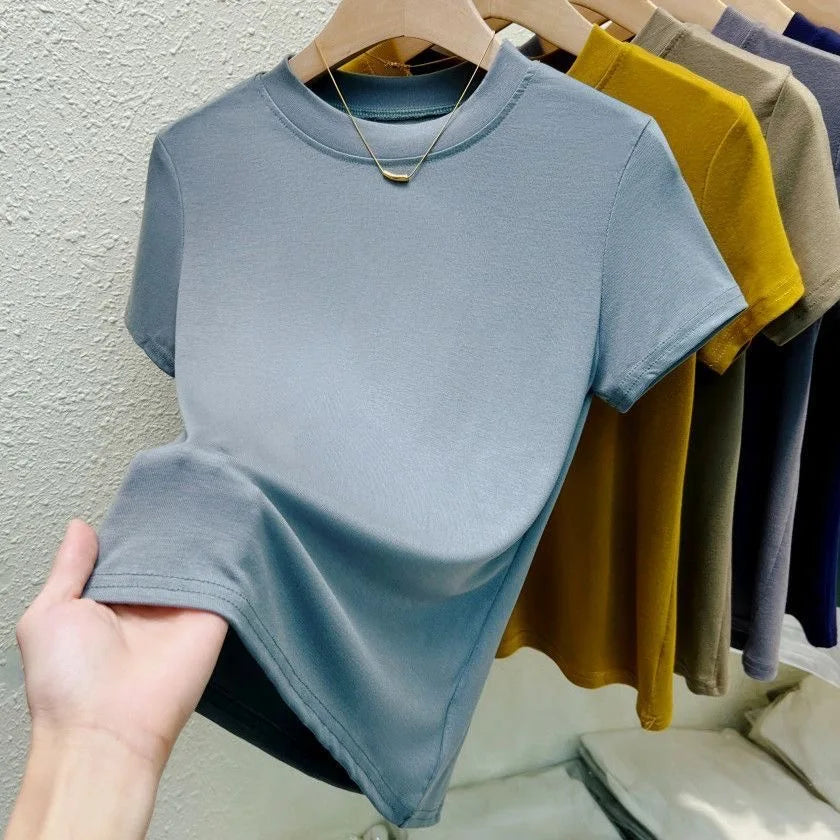 T-Shirt Femme Col Rond Chic Décontracté Urbain Grande Taille Haut Uni Sexy Slim Été Manches Courtes Vêtements Femme