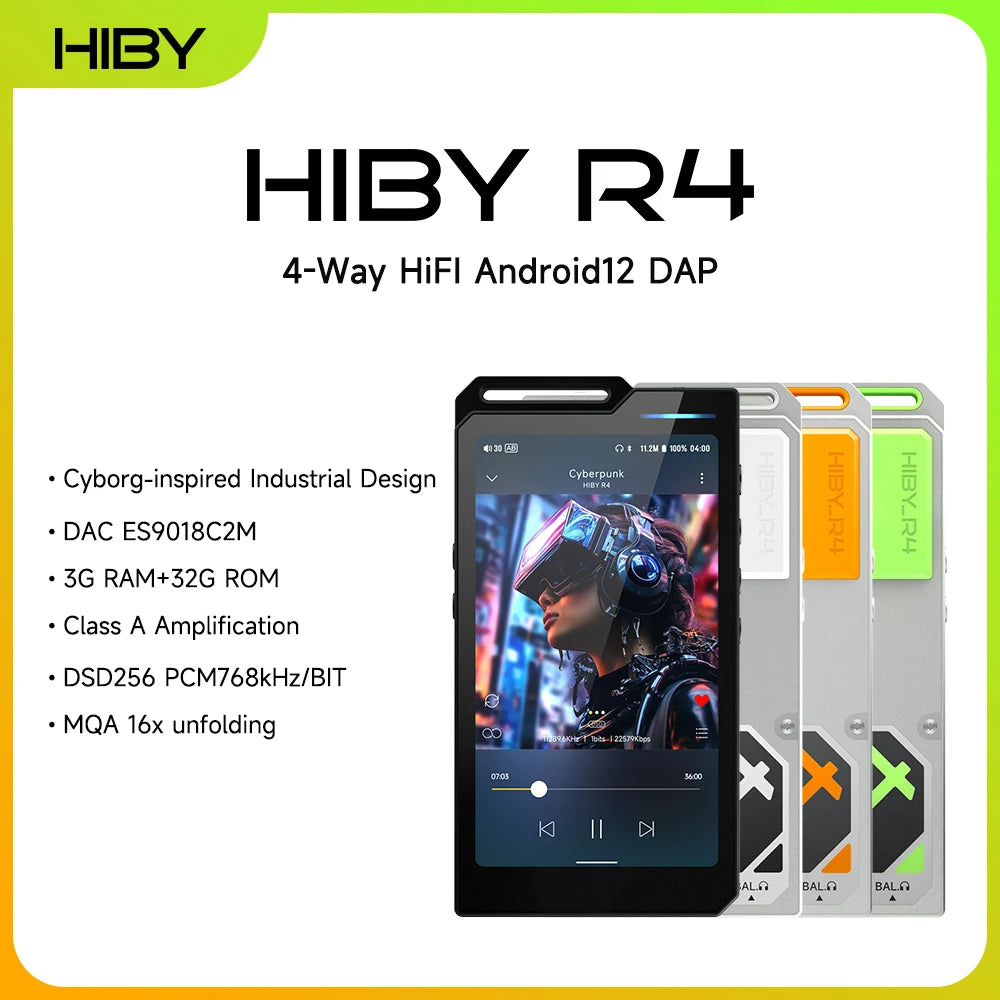 HiBy R4 ES9018Q2M*4 Lecteur de musique HiFi Android12 MP3 Audio Bluetooth WiFi DSD256 MQA 16x USB DAC Ampli casque 11h 4.7'' OPA1652