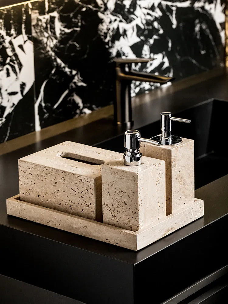 4Pcs Natural Travertine Bathroom Set Wabi Sabi Minimalist Soap Dispenser Tissue Box Luxury Hotel Show House Organizer Decor