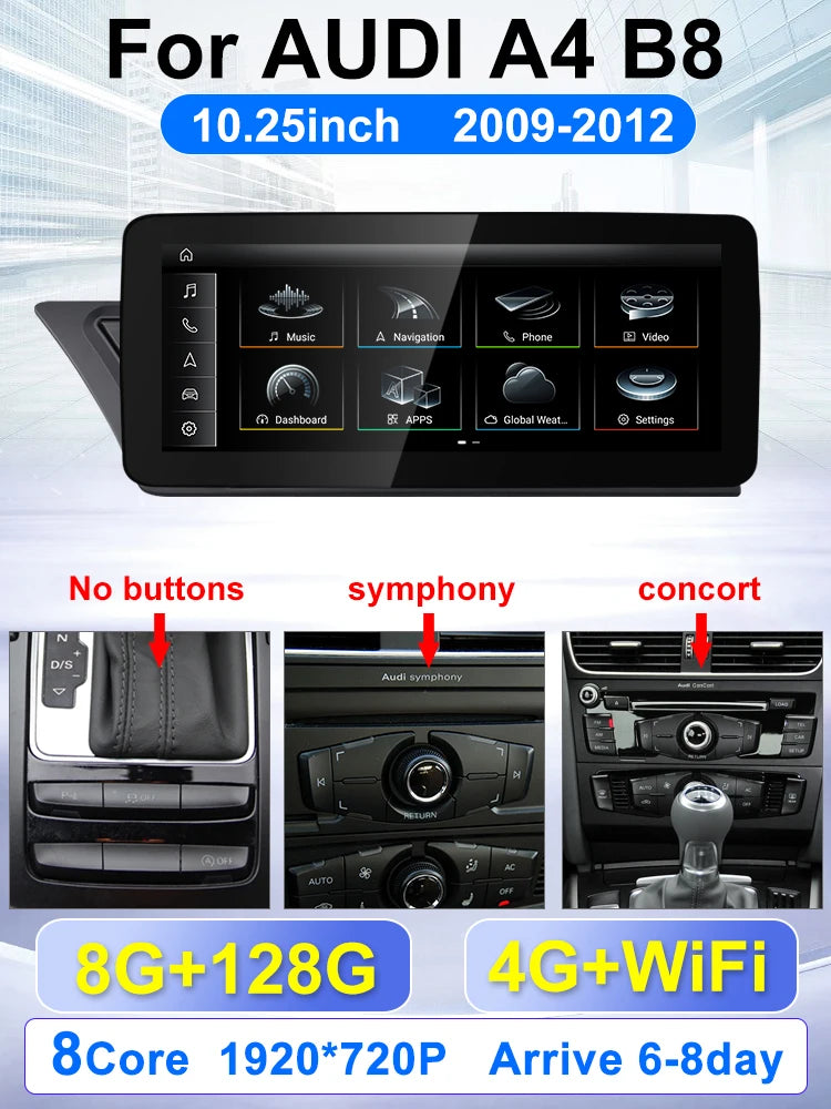 For Audi AUDI A4 B8 2009 20110 2011-2016 10.25-inch car radio multimedia player Android 15 Wireless Carplay stereo DSP 4G WiFi