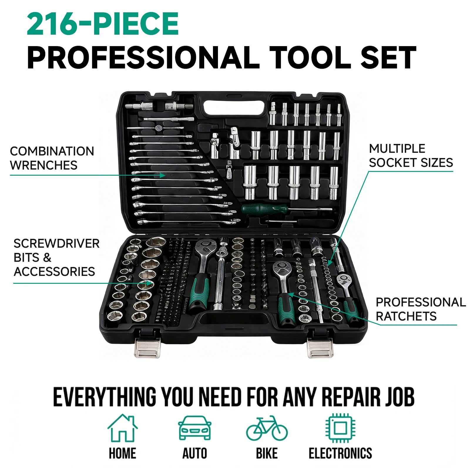 Podofo Socket Wrench Sets 214pcs 1/4inch 3/8inch 1/2inch 24-tooth Ergonomic Ratchet Wrench Mechanic Tool Set for Auto Repairing