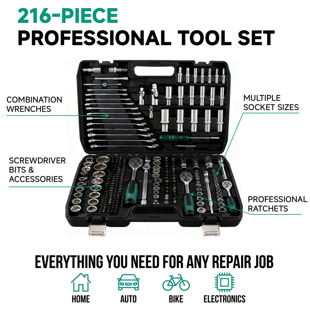 Podofo Socket Wrench Sets 214pcs 1/4inch 3/8inch 1/2inch 24-tooth Ergonomic Ratchet Wrench Mechanic Tool Set for Auto Repairing