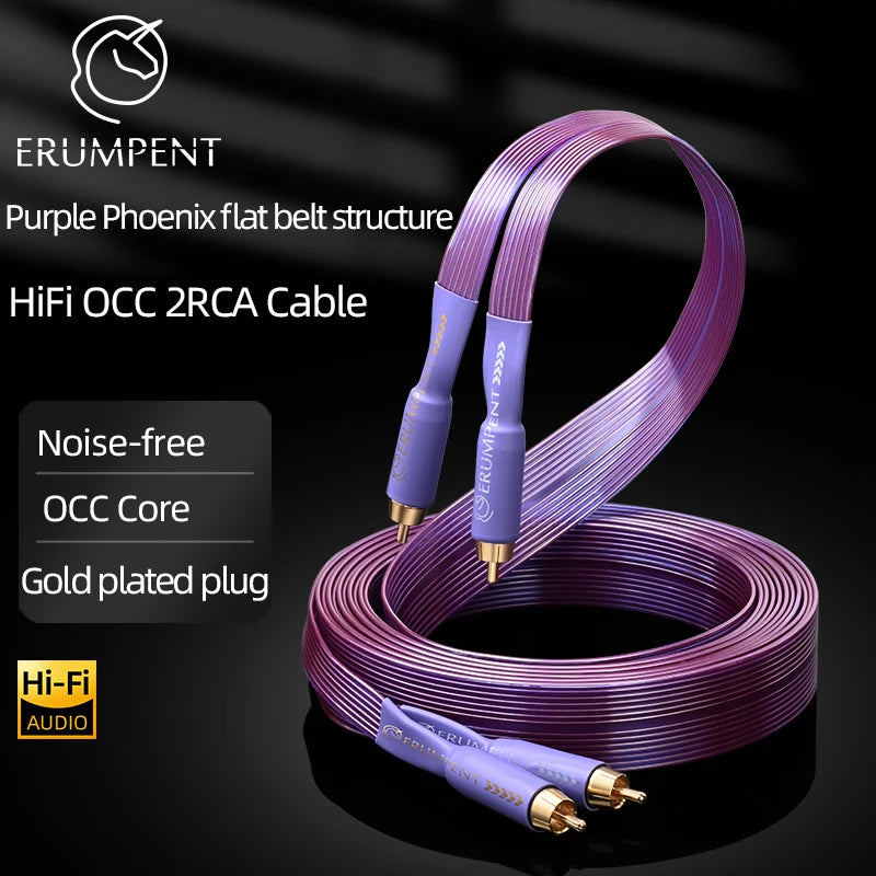 Câble HiFi ERUMPENT OCC 2RCA Bande plate en cuivre pur haut de gamme avec fiches mâles 2RCA plaquées or Câble audio 2RCA vers 2RCA pour amplificateur CD