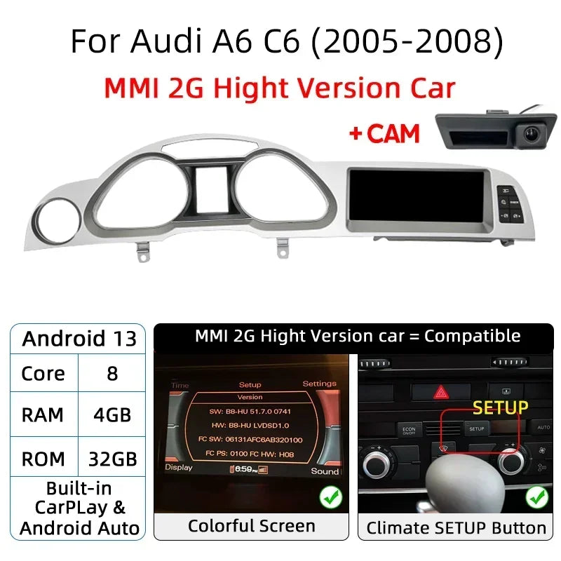 Android 14 8+128G Autoradio CarPlay Pour Audi A6 C6 4f 2005 2006 2007 2008-2011 MMI 2G 3G Lecteur Multimédia de Voiture Stéréo Wifi Navi