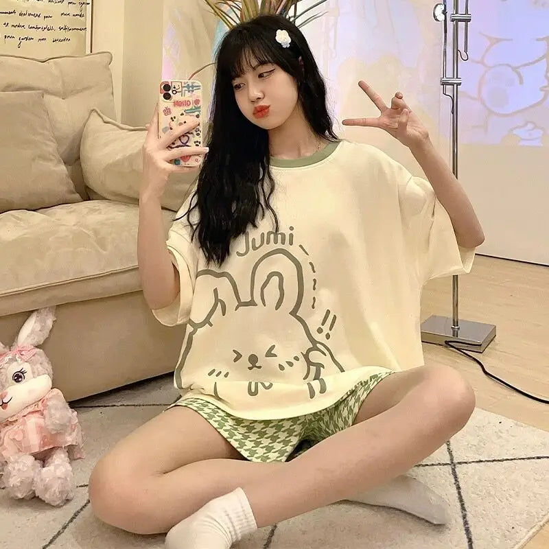 Women's Summer Short-Sleeved Short Pants Set, Youthful Teenage Student Oversized Loose-Fitting Casual Homewear Summer Set