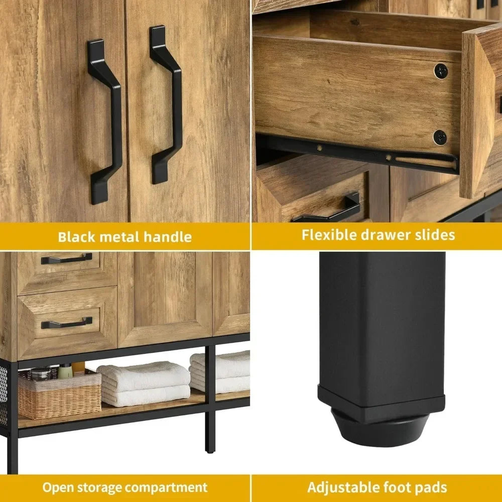 For 48" Double Bathroom Vanity, with Double Sink and Drawers Side Cabinet Combo Set & Shelf,Boat Tempered Glass Vessel Sink
