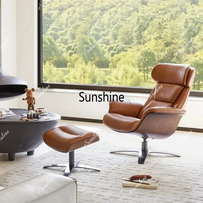 Leather Reclining Swivel Chair with Adjustable Headrest and Ottoman for Living Room, Saddle Color, Arm Rest, Cushion Included