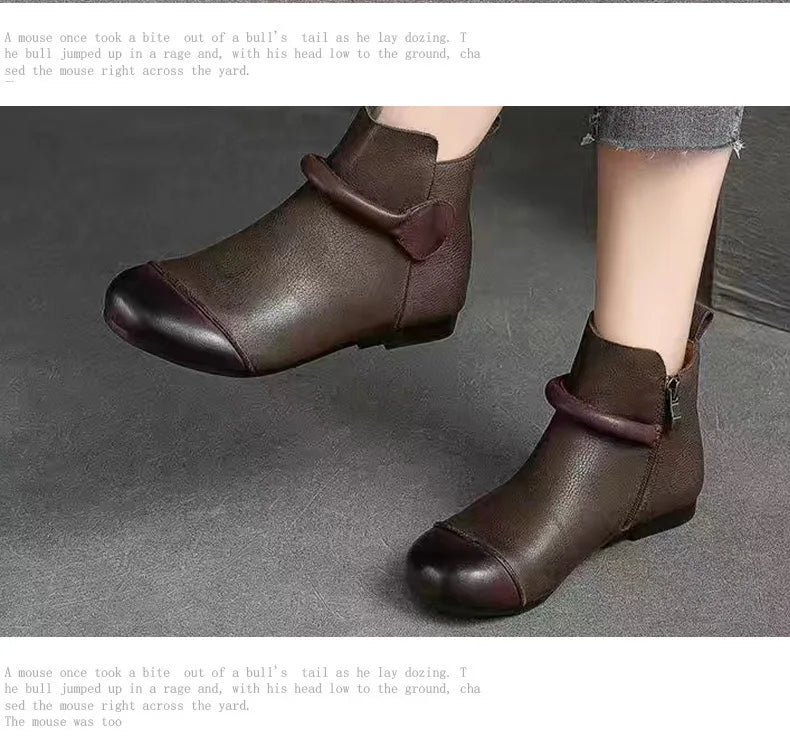 Retro Women Short Ankle Boots Autumn Winter Faux Cow Leather Slip-on Shoes Handmade Round Toe Light Weight Flat Booties