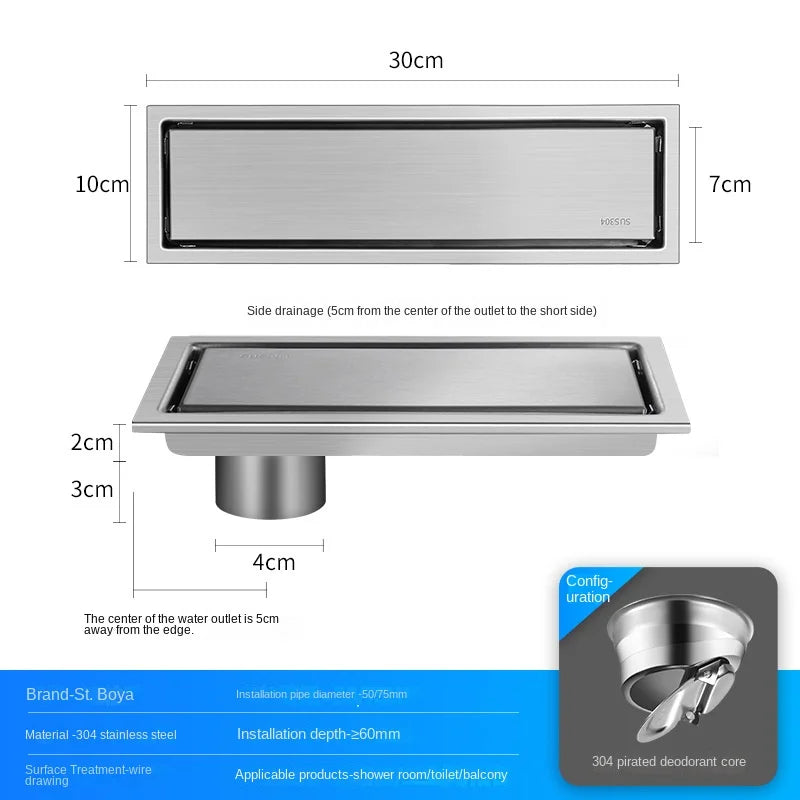 Caniveau de douche invisible en acier inoxydable 304 doré brossé noir pour lavabo de salle de bain, long drain linéaire de sol, évacuation latérale
