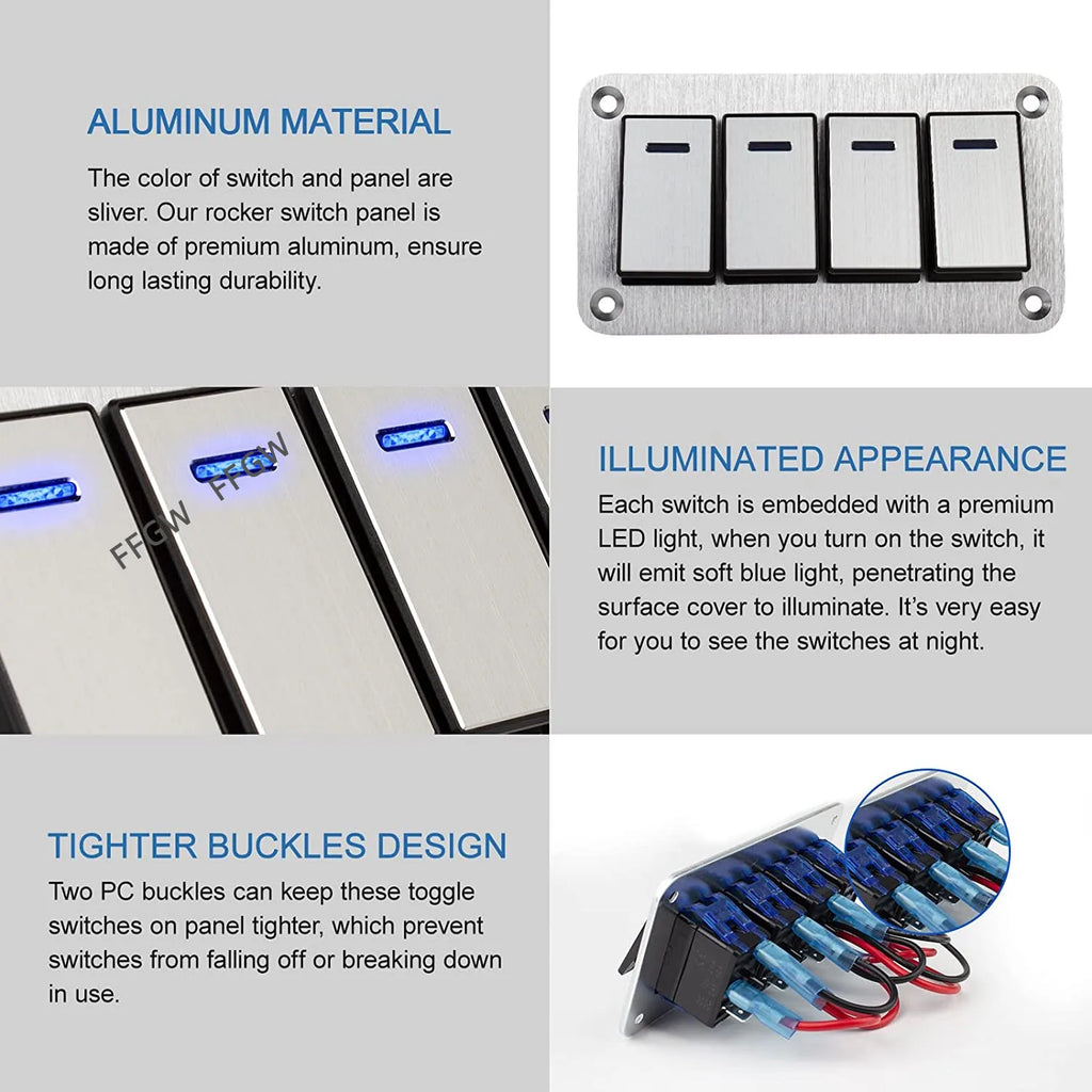 Durable metal 2-8Gang rocker switch panel with LED light, waterproof and overload protection for car card, vehicle and vessel