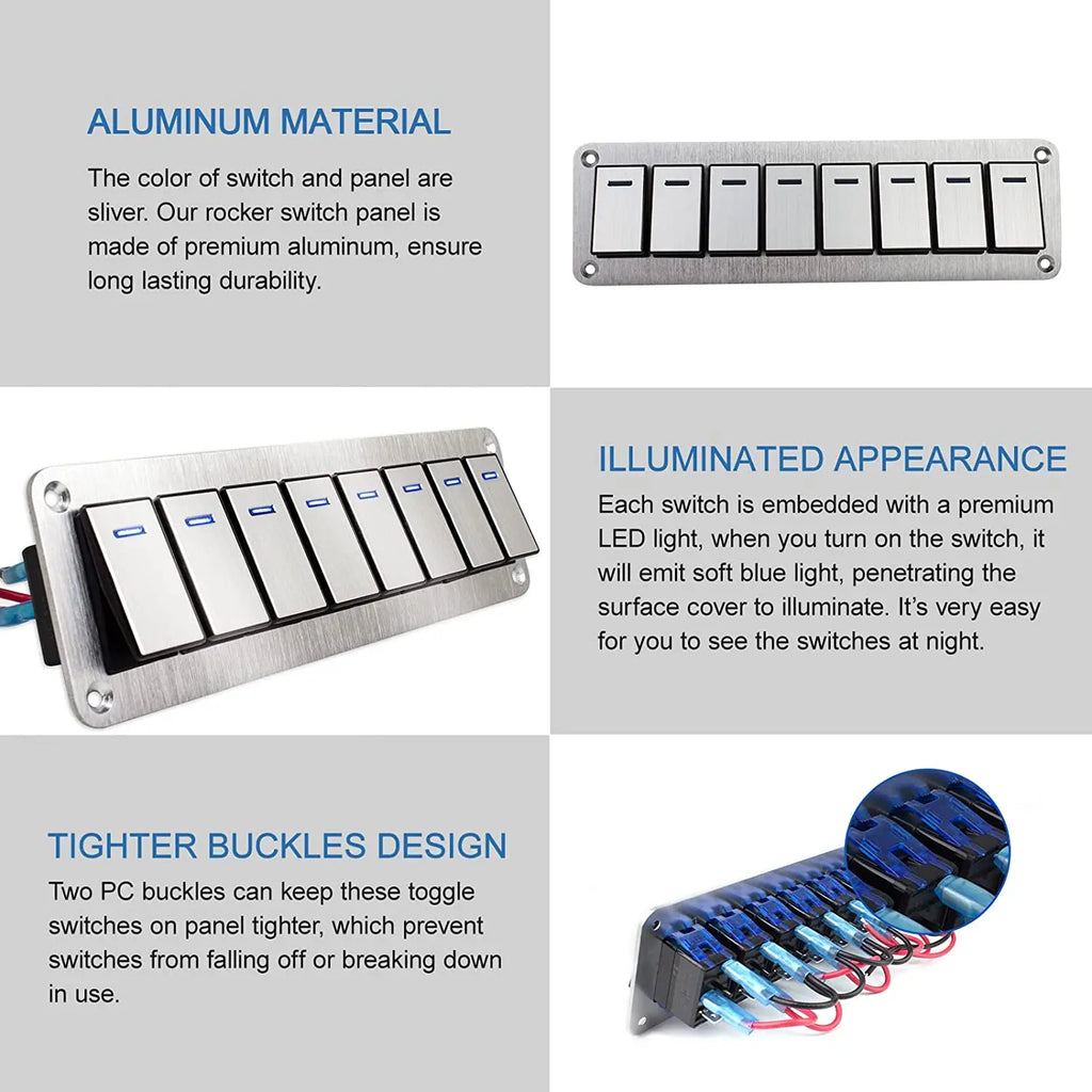 Durable metal 2-8Gang rocker switch panel with LED light, waterproof and overload protection for car card, vehicle and vessel