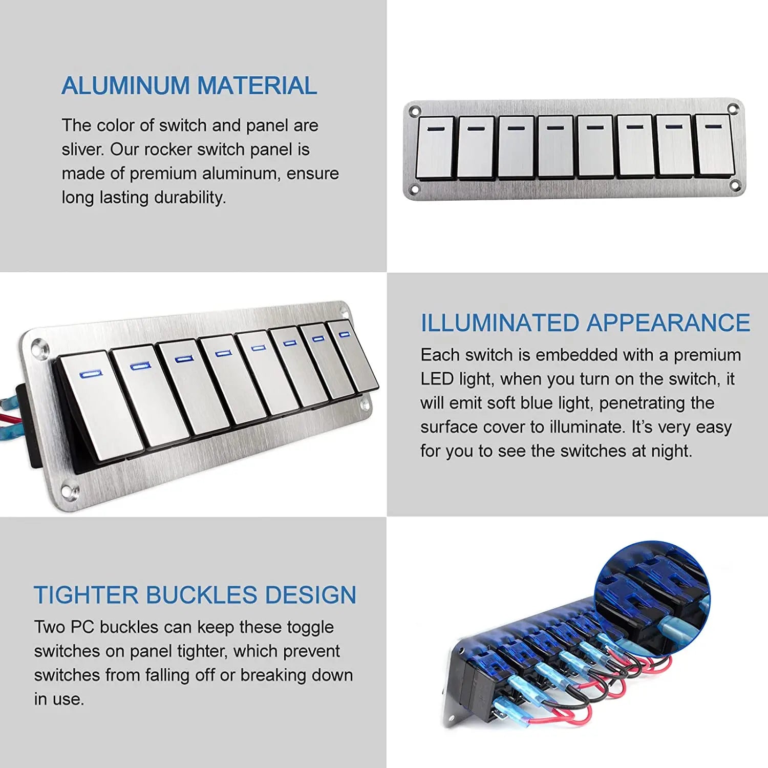 Durable metal 2-8Gang rocker switch panel with LED light, waterproof and overload protection for car card, vehicle and vessel