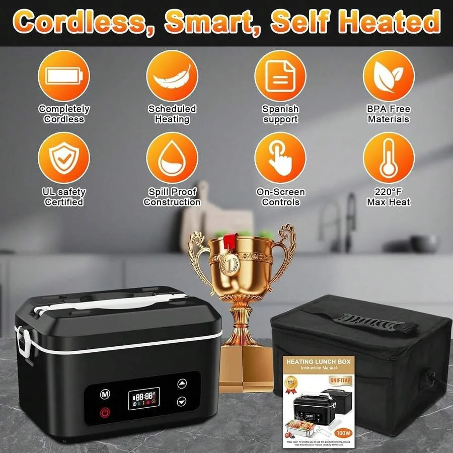 Electric Lunch Box, 1.2L Large Capacity, 24000mAh Rechargeable, Digital Display, Smart Timer, Portable Food Warmer, For Work, C