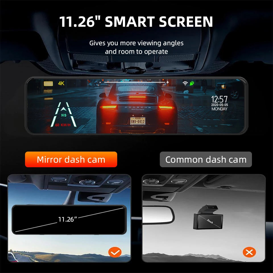 Enregistreur de conduite de rétroviseur 4K Vision nocturne HD Enregistrement en boucle Caméra de tableau de bord Caméra arrière en option Image de recul DVR de voiture